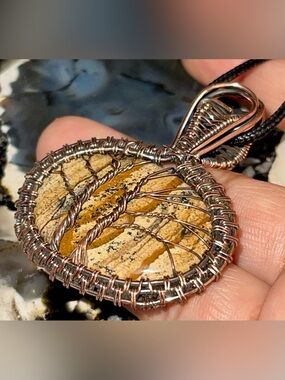 Copper Wire-wrapped Picture Jasper Crystal Pendant 2 1/4”